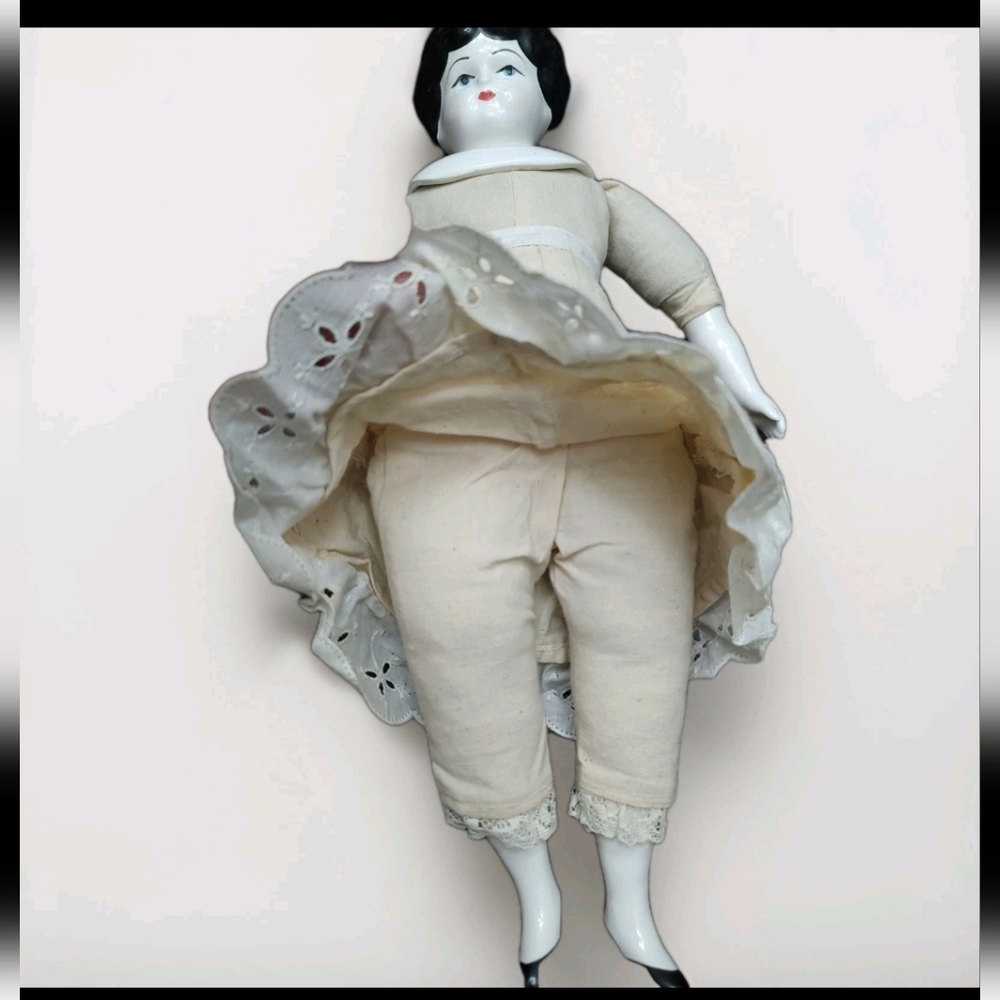 Antique Style Porcelain-Head Low Brow Curly Haired Doll Cream Petticoat See Pics - Picture 2 of 9